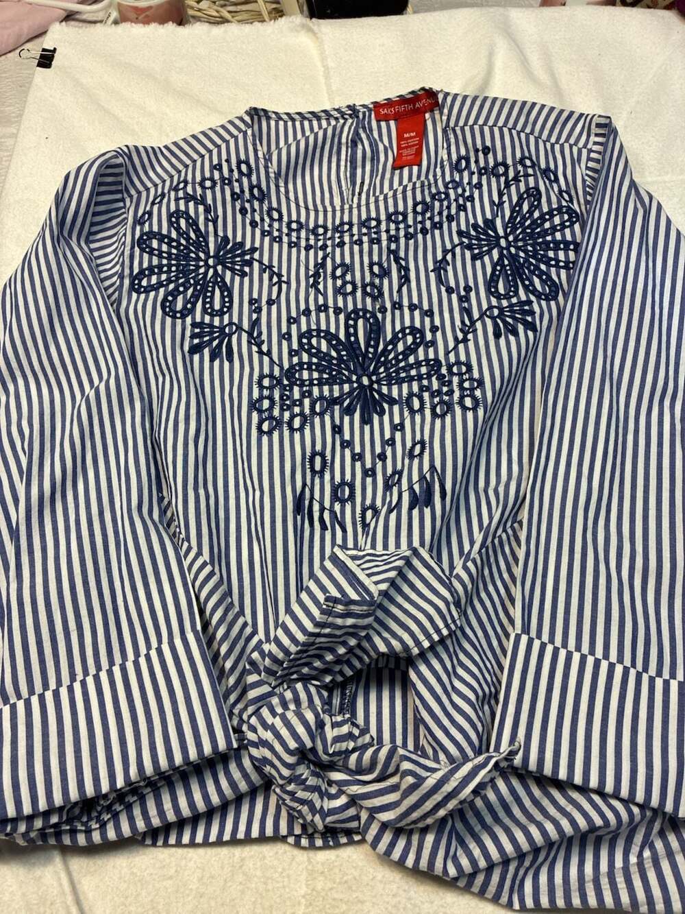 Saks Fifth Avenue Blue and White Striped Embroidered Tie-Front Blouse Size M